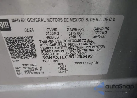 2024 Chevrolet Equinox Awd 2Fl from USA, damaged, VIN 3GNAXTEG8RL255493
